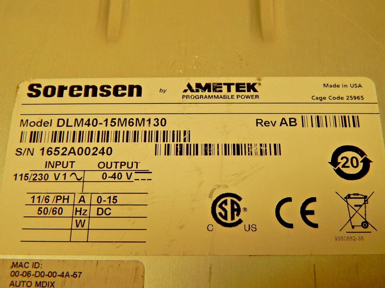 Sorensen DLM40-15 M6, M130 LXI DC Power Supply 30 Day Warranty Sorensen DLM40-15 M6, M130 LXI DC Power Supply 30 Day Warranty